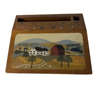 Vintage Hand Painted Wood Folk Art Farm Lap Desk Stationery Box Country Misko